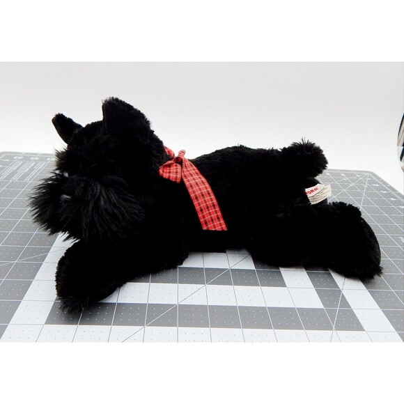 Aurora Scottish Terrier Puppy Dog 12" Black Stuffed Plush With Red Plaid Bow - Picture 1 of 11